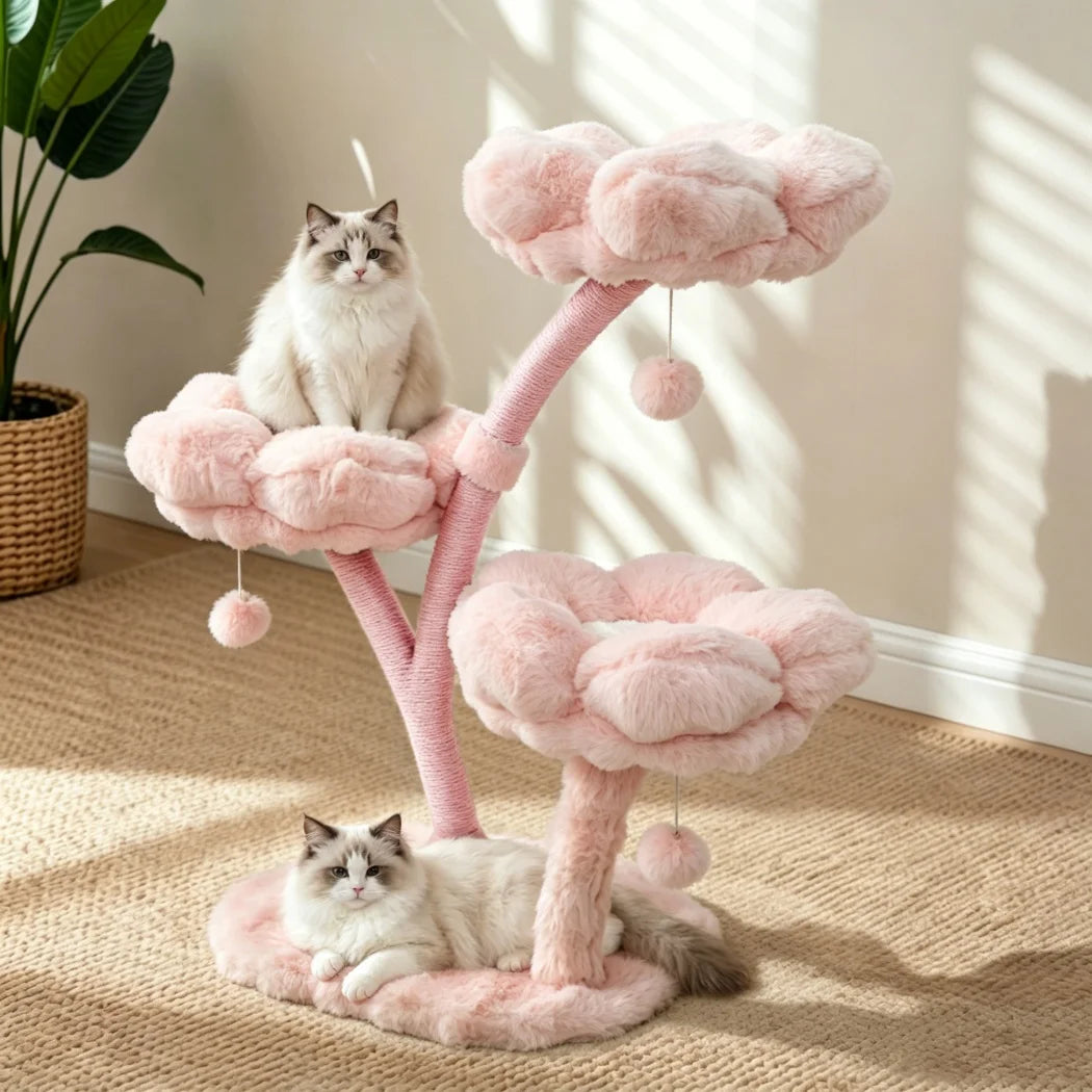 Pink Flower Cat Tree Tower 4 Levels with Scratching Post Cushioned Platforms and Hanging Toy