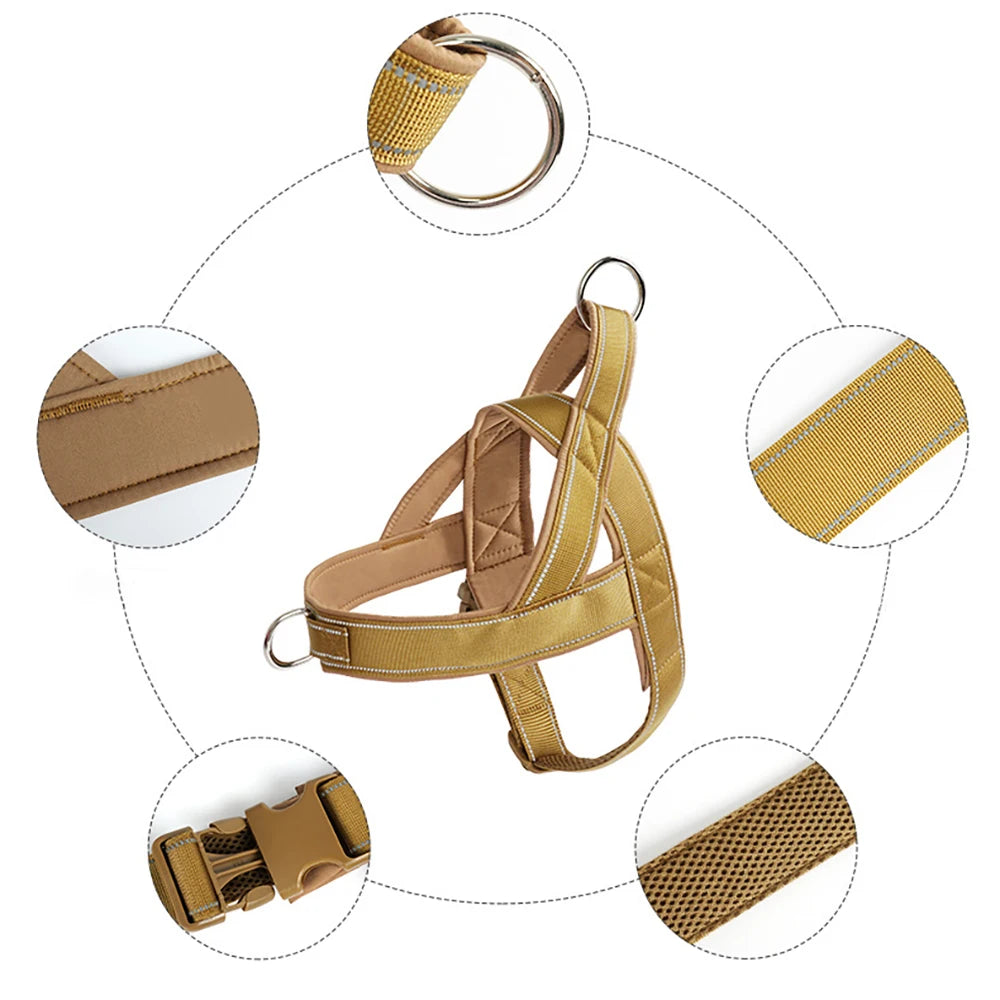 Dog Harness Adjustable Nylon with Handle and Two Leash Buckles XL Khaki