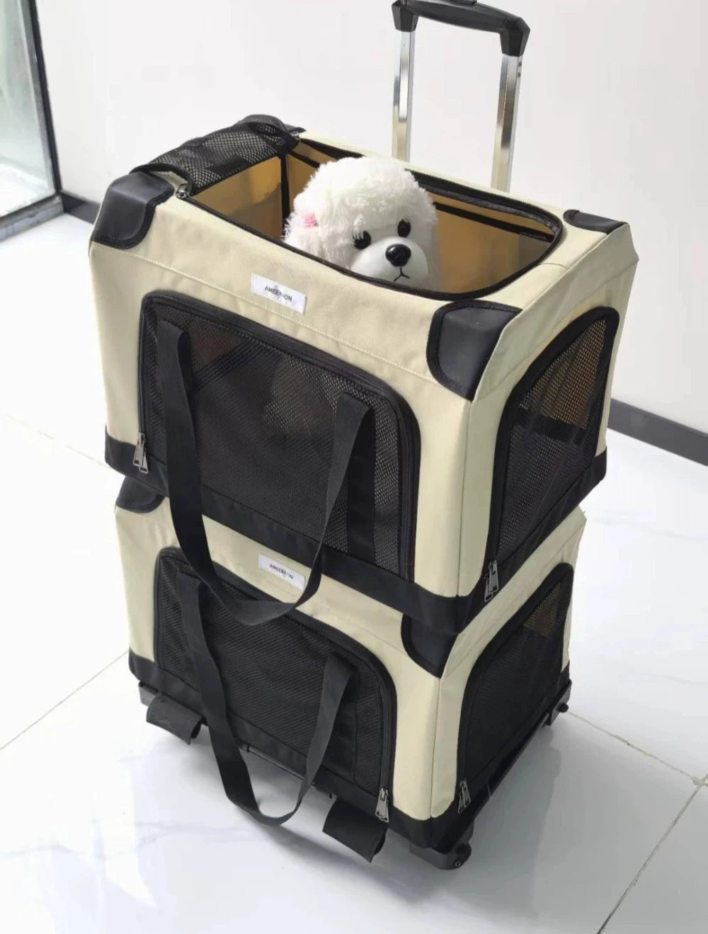 Foldable Double Decker Pet Trolley Carrier Rice Black for Cats and Dogs up to 20kg