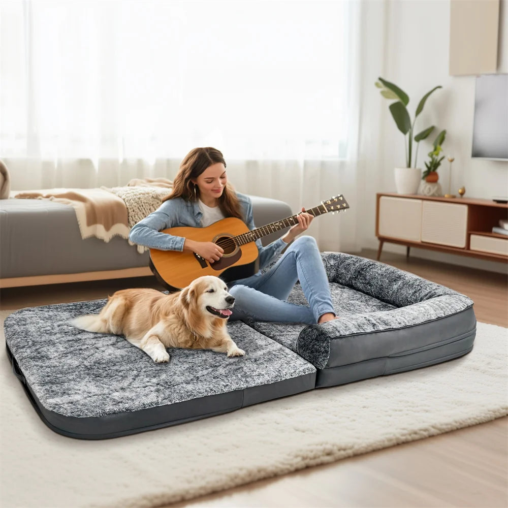 Foldable Human Size Dog Bed with Removable Cover Plush Surface and Sponge Foam Base Grey