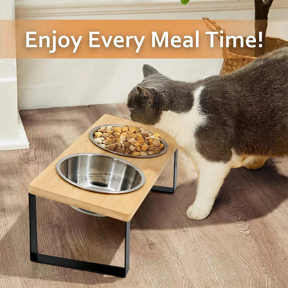 Raised Pet Feeding Bowls with Wooden Stand 15 Degree Tilt Double Stainless Steel Bowls