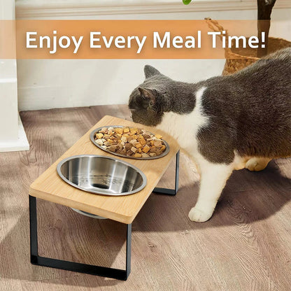 Raised Pet Feeding Bowls with Wooden Stand 15 Degree Tilt Double Stainless Steel Bowls