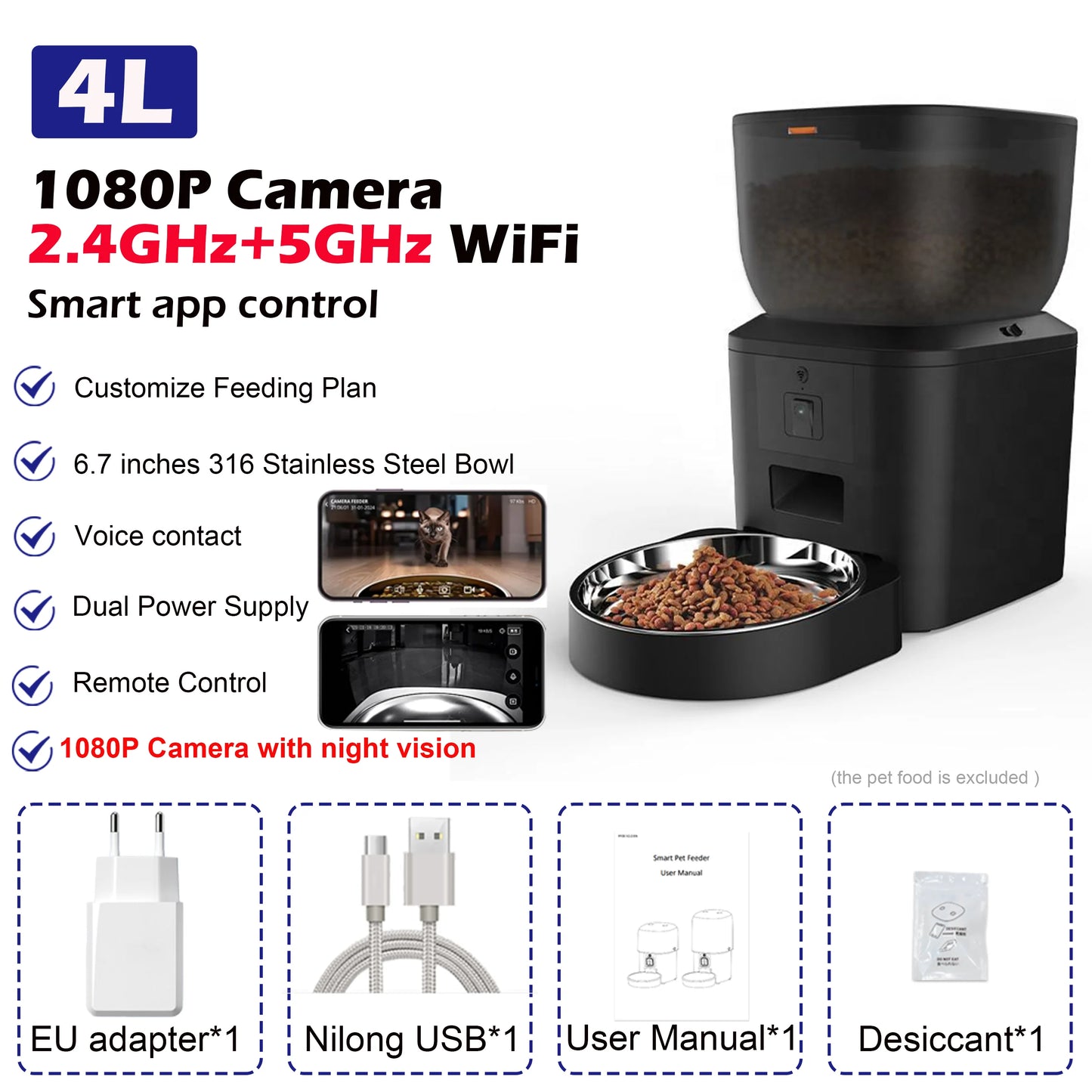 8L Smart Automatic Pet Feeder with HD Camera 5GHz WiFi Dual Stainless Steel Bowls Black