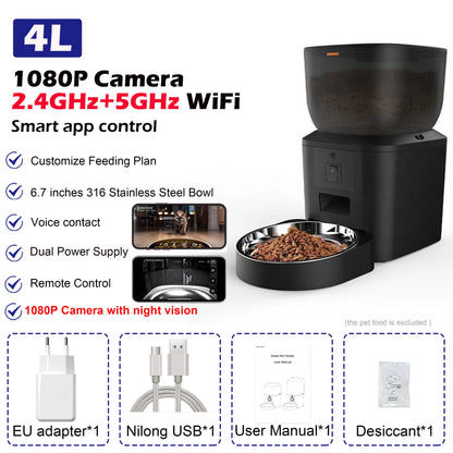 8L Smart Automatic Pet Feeder with HD Camera 5GHz WiFi Dual Stainless Steel Bowls Black