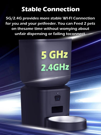 4L Smart Automatic Pet Feeder with HD Camera 5GHz WiFi Dual Stainless Steel Bowls Black