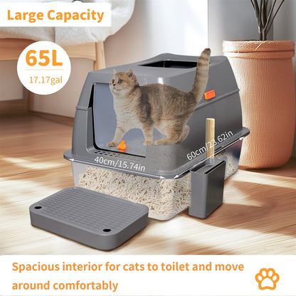 Extra Large Cat Litter Box with Lid Stainless Steel 65 L Capacity High Sides Semi Open or Fully Closed