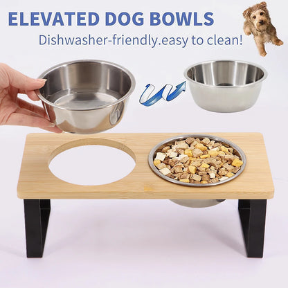 Raised Pet Feeding Bowls with Wooden Stand 15 Degree Tilt Double Stainless Steel Bowls