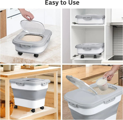 Foldable Pet Food Storage Container with Clear Lid Rolling Wheels and Airtight Lid