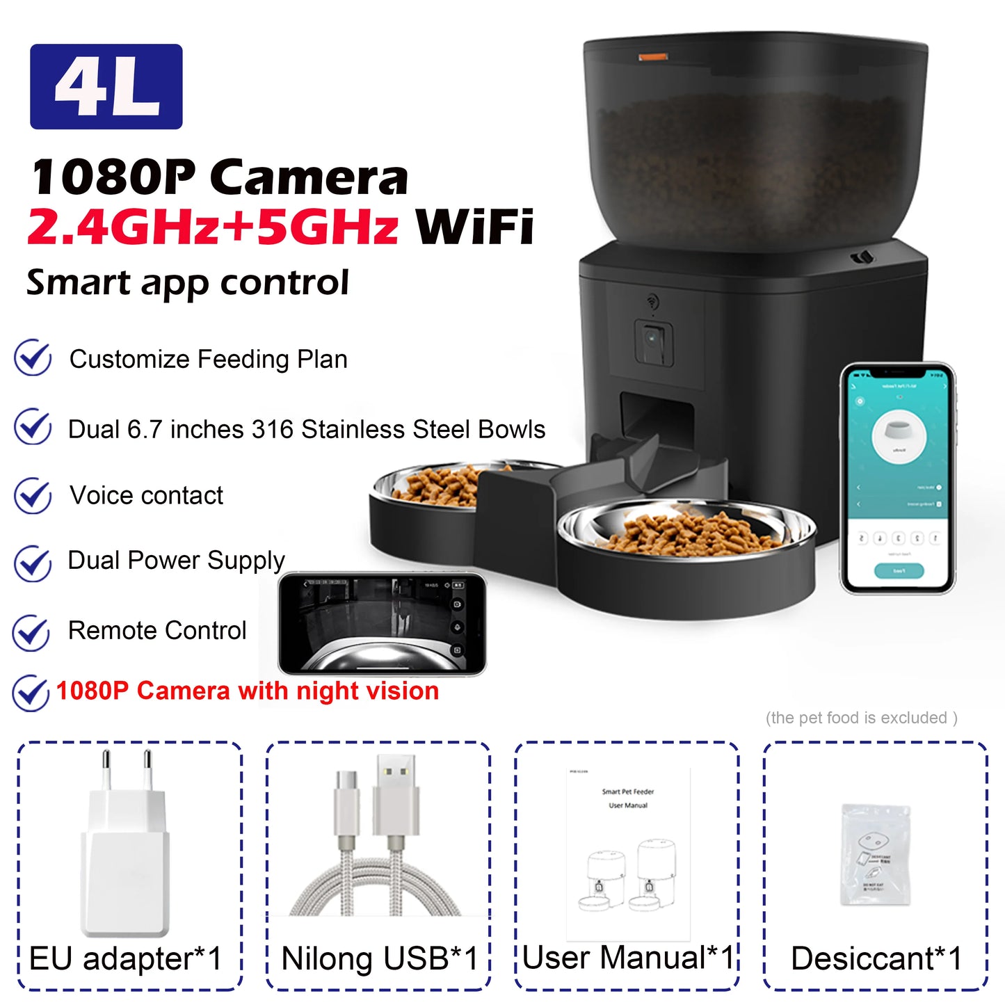 4L Smart Automatic Pet Feeder with HD Camera 5GHz WiFi Dual Stainless Steel Bowls Black