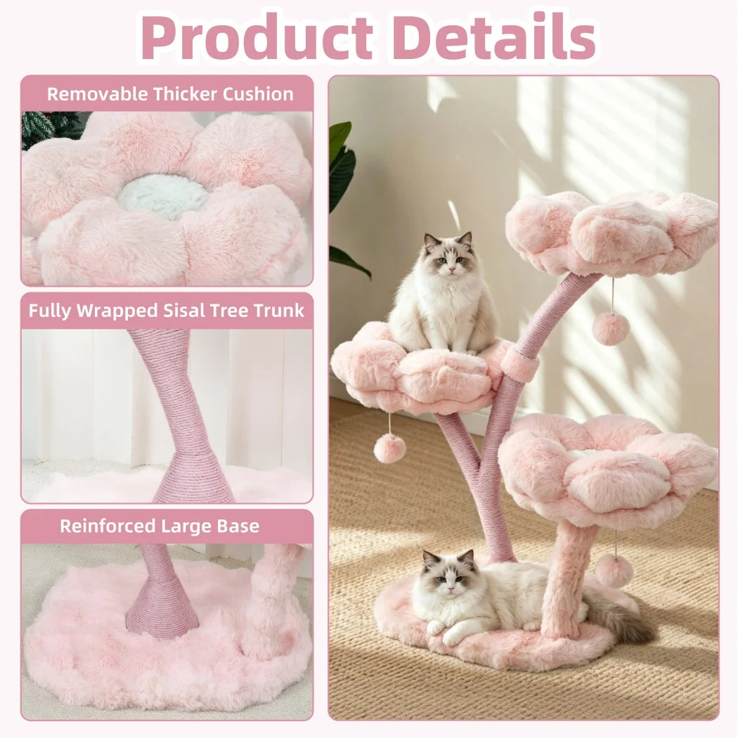 Pink Flower Cat Tree Tower 4 Levels with Scratching Post Cushioned Platforms and Hanging Toy