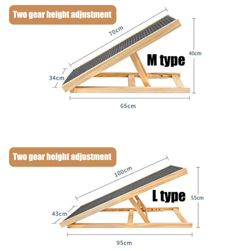 Foldable Pet Ramp Adjustable Height Wooden Ramp with Carpet Surface 45kg Capacity Small: 70 × 35 × (30–40) cm