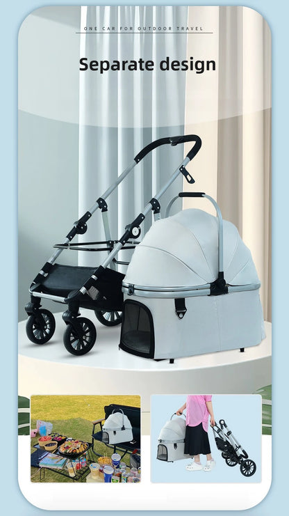 Foldable Pet Stroller Gray Detachable Carrier for Cats and Dogs