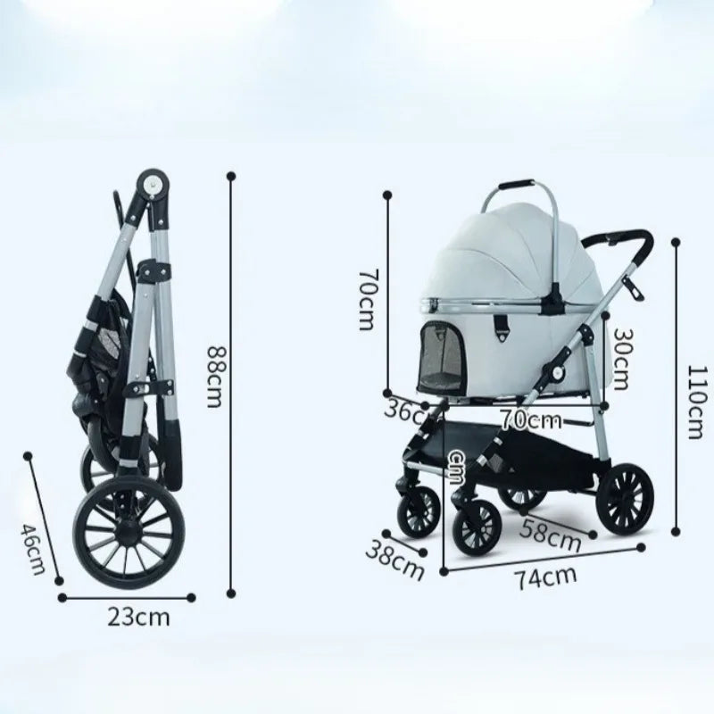 Foldable Pet Stroller Gray Detachable Carrier for Cats and Dogs