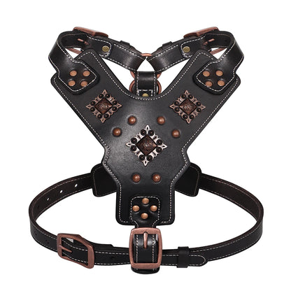 Leather Dog Harness XL Adjustable Training Vest with Metal Accessories Black