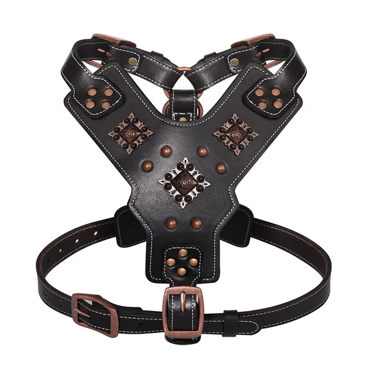 Leather Dog Harness XL Adjustable Training Vest with Metal Accessories Black