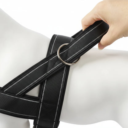 Dog Harness Adjustable Nylon with Handle and Two Leash Buckles XL Black