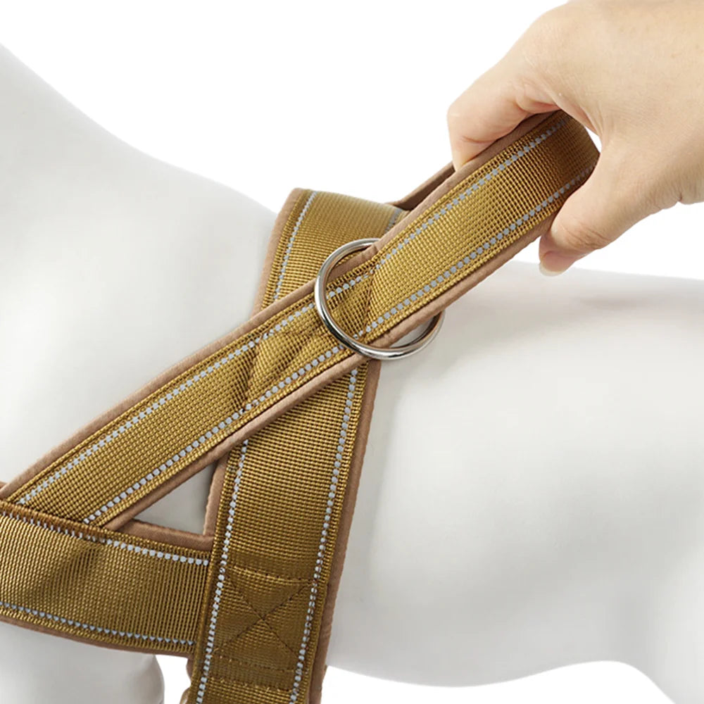 Dog Harness Adjustable Nylon with Handle and Two Leash Buckles XL Khaki