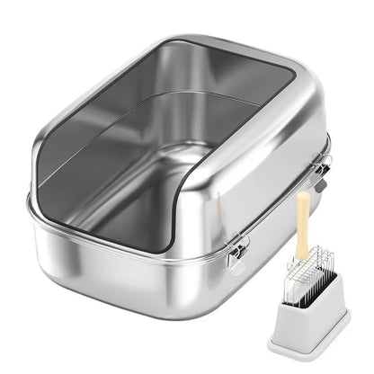 Extra Large Stainless Steel Cat Litter Box Semi Enclosed High Sided Silver 60 × 40 × 30 cm