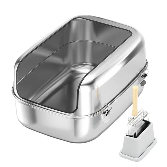 Extra Large Stainless Steel Cat Litter Box Semi Enclosed High Sided Silver 60 × 40 × 30 cm