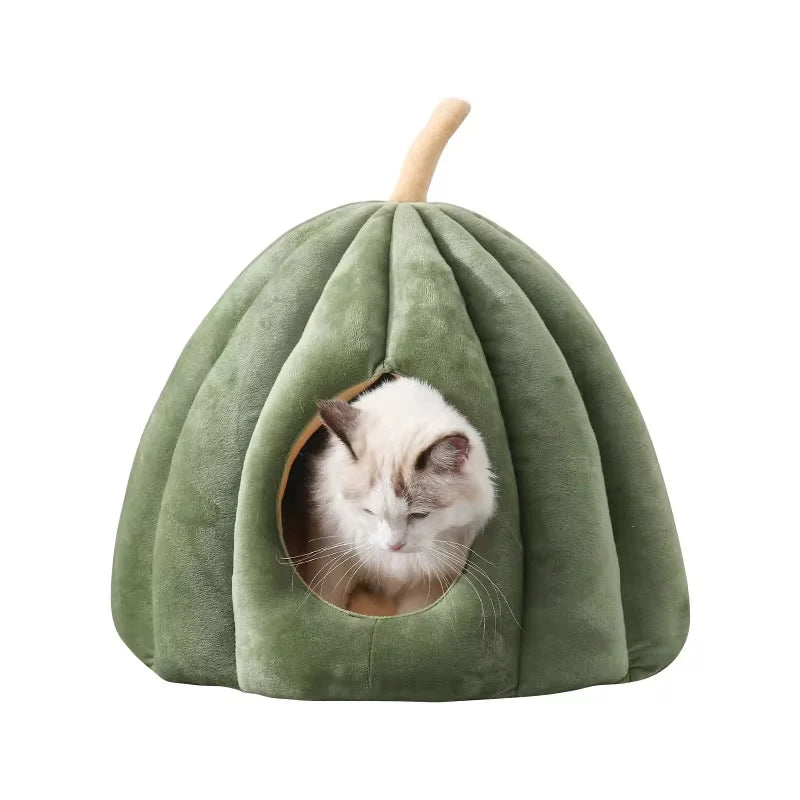 Enclosed Cat Bed Pumpkin Shape Pet Sleeping House Green M 40 × 40 × 35 cm