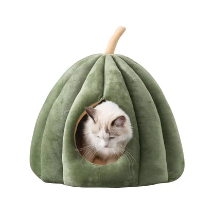 Enclosed Cat Bed Pumpkin Shape Pet Sleeping House Green M 40 × 40 × 35 cm