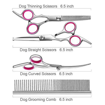 Dog Grooming Scissors Set Stainless Steel Straight Curved Thinning Scissors and Comb 16.5 cm