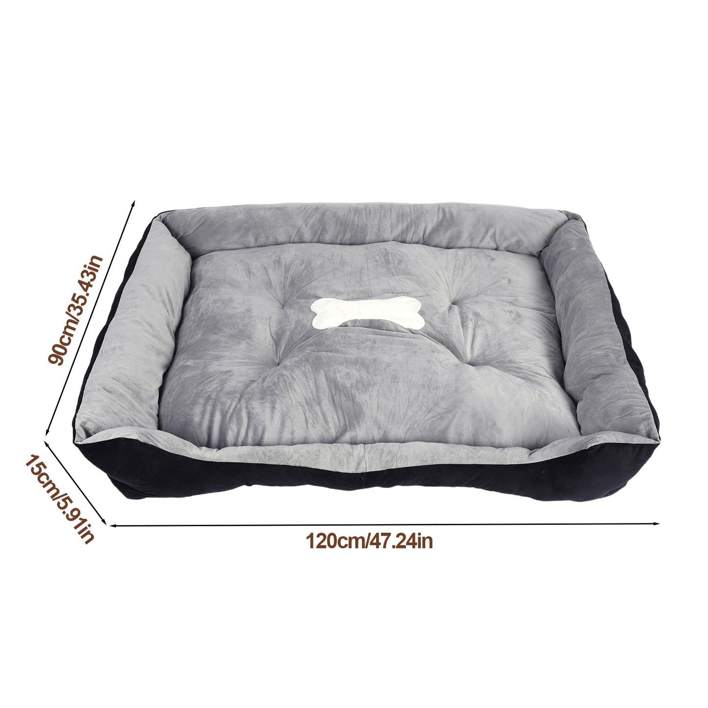 Square Pet Bed with Pillow Blanket and Bone Toy Cotton Pet Sleep Basket 120 x 90 x 15 cm