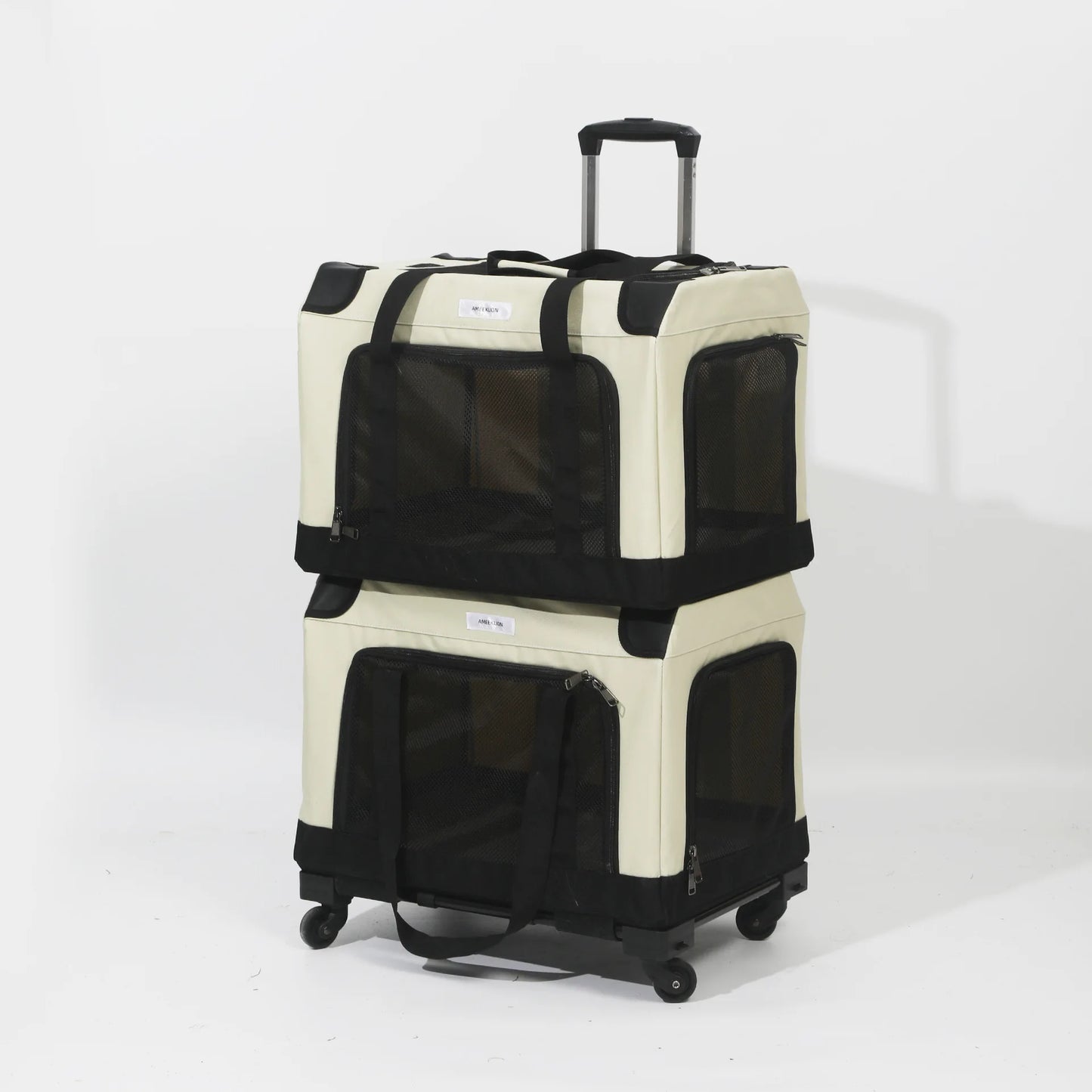 Foldable Double Decker Pet Trolley Carrier Rice Black for Cats and Dogs up to 20kg