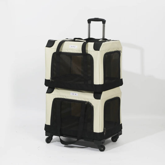 Foldable Double Decker Pet Trolley Carrier Rice Black for Cats and Dogs up to 20kg
