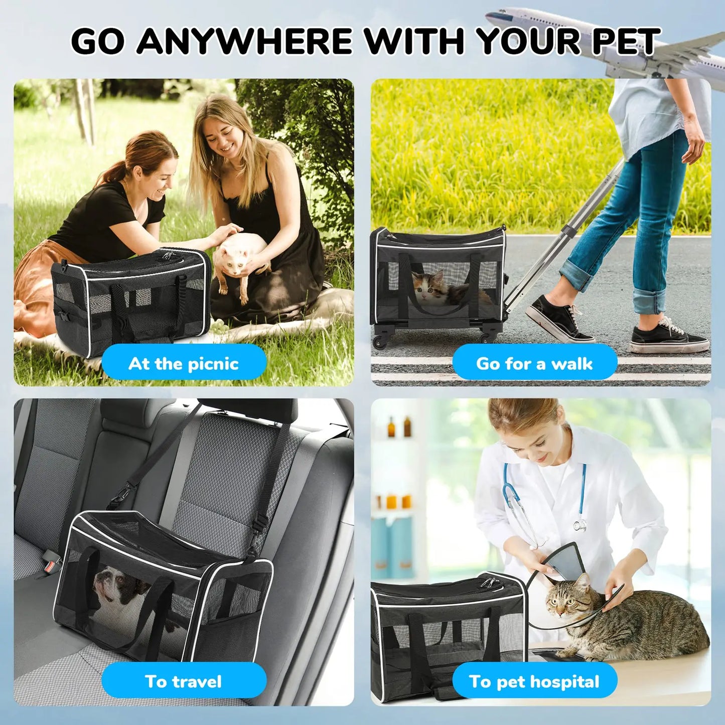 Pet Rolling Carrier with 360° Wheels Breathable Mesh Two Opening Design Padded Handle 29.5 x 44 x 29.5 cm