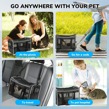 Pet Rolling Carrier with 360° Wheels Breathable Mesh Two Opening Design Padded Handle 29.5 x 44 x 29.5 cm