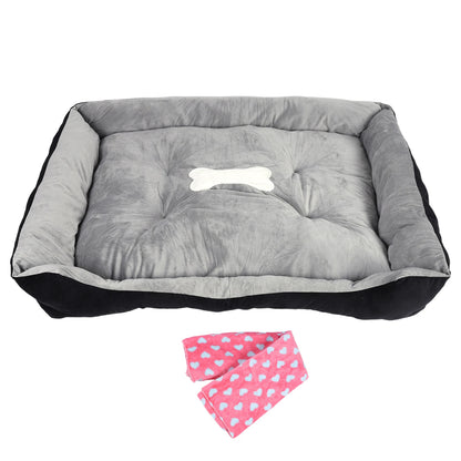 Square Pet Bed with Pillow Blanket and Bone Toy Cotton Pet Sleep Basket 120 x 90 x 15 cm