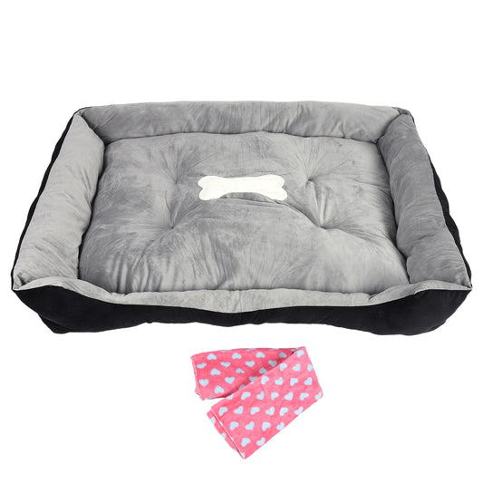 Square Pet Bed with Pillow Blanket and Bone Toy Cotton Pet Sleep Basket 120 x 90 x 15 cm