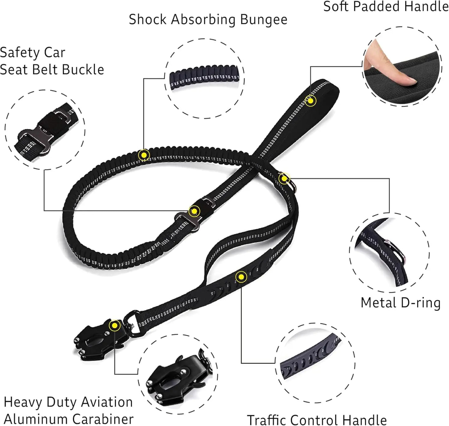 Dog Leash with Shock Absorbing Bungee Dual Handles Metal Clip and Car Seatbelt Black