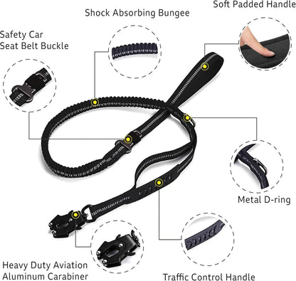Dog Leash with Shock Absorbing Bungee Dual Handles Metal Clip and Car Seatbelt Black