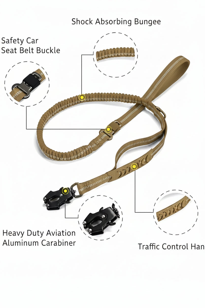 Dog Leash with Shock Absorbing Bungee Dual Handles Metal Clip and Car Seatbelt Khaki