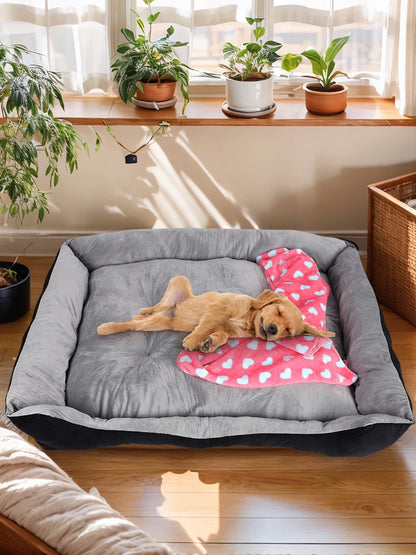 Square Pet Bed with Pillow Blanket and Bone Toy Cotton Pet Sleep Basket 120 x 90 x 15 cm