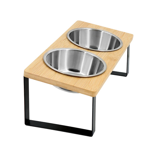 Raised Pet Feeding Bowls with Wooden Stand 15 Degree Tilt Double Stainless Steel Bowls