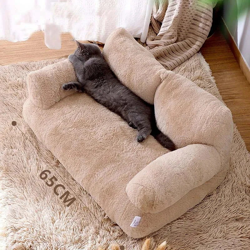 Cat Bed Sofa Plush Pet Bed with Pillow Anti Slip Base Kaki 65 × 46 × 30 cm