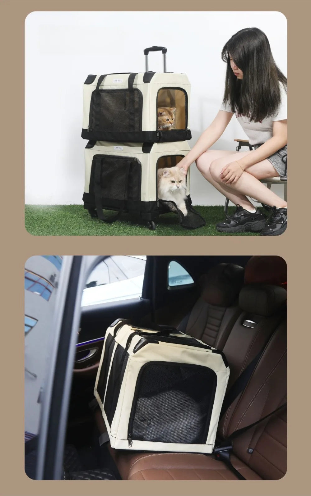 Foldable Double Decker Pet Trolley Carrier Rice Black for Cats and Dogs up to 20kg