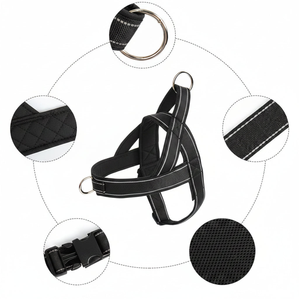 Dog Harness Adjustable Nylon with Handle and Two Leash Buckles XL Black