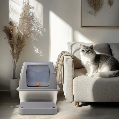 Extra Large Cat Litter Box with Lid Stainless Steel 65 L Capacity High Sides Semi Open or Fully Closed