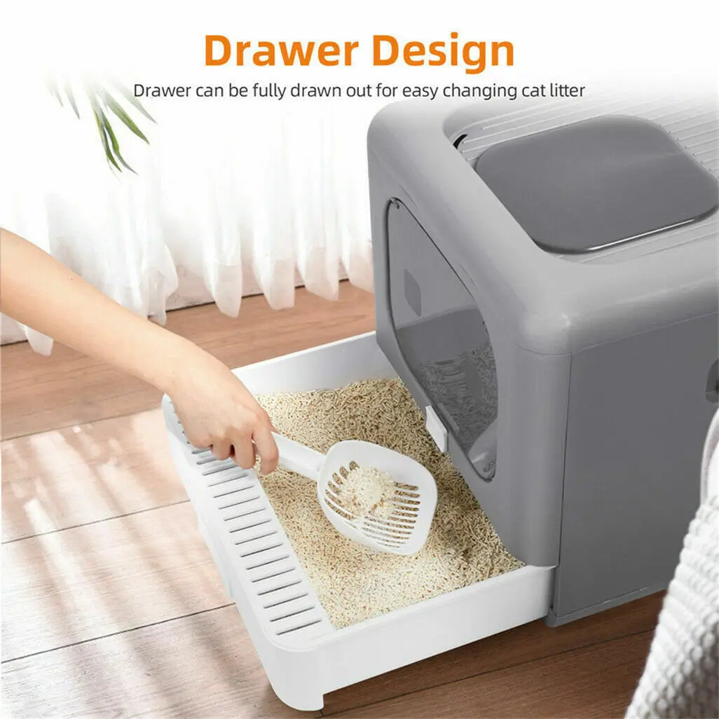 Cat Litter Box PP Semi-Closed Top and Front Entry Foldable Drawer Design 40.5 x 43 x 37.5 cm Grey White