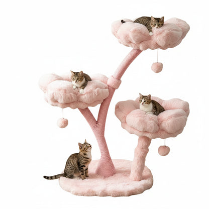 Pink Flower Cat Tree Tower 4 Levels with Scratching Post Cushioned Platforms and Hanging Toy
