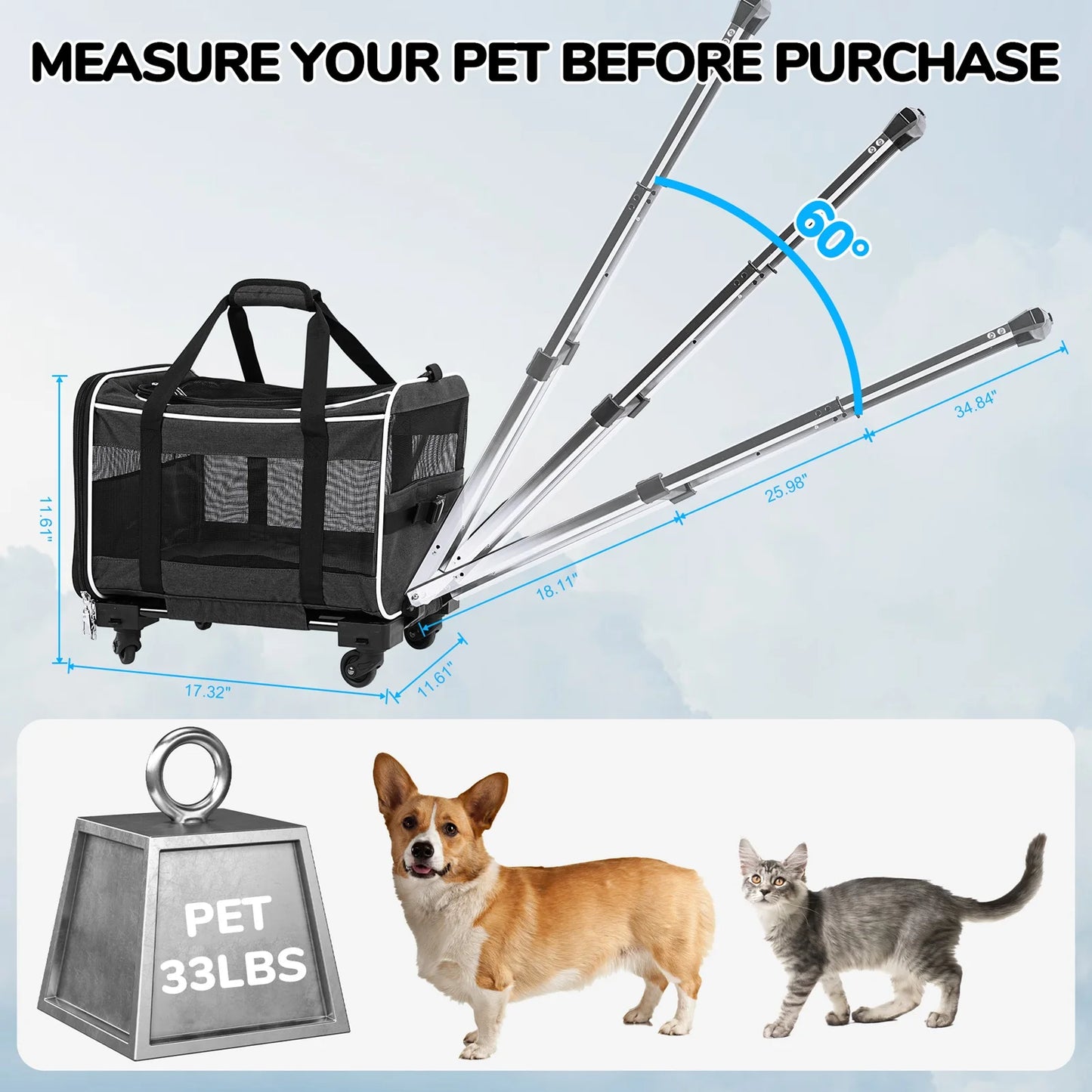 Pet Rolling Carrier with 360° Wheels Breathable Mesh Two Opening Design Padded Handle 29.5 x 44 x 29.5 cm