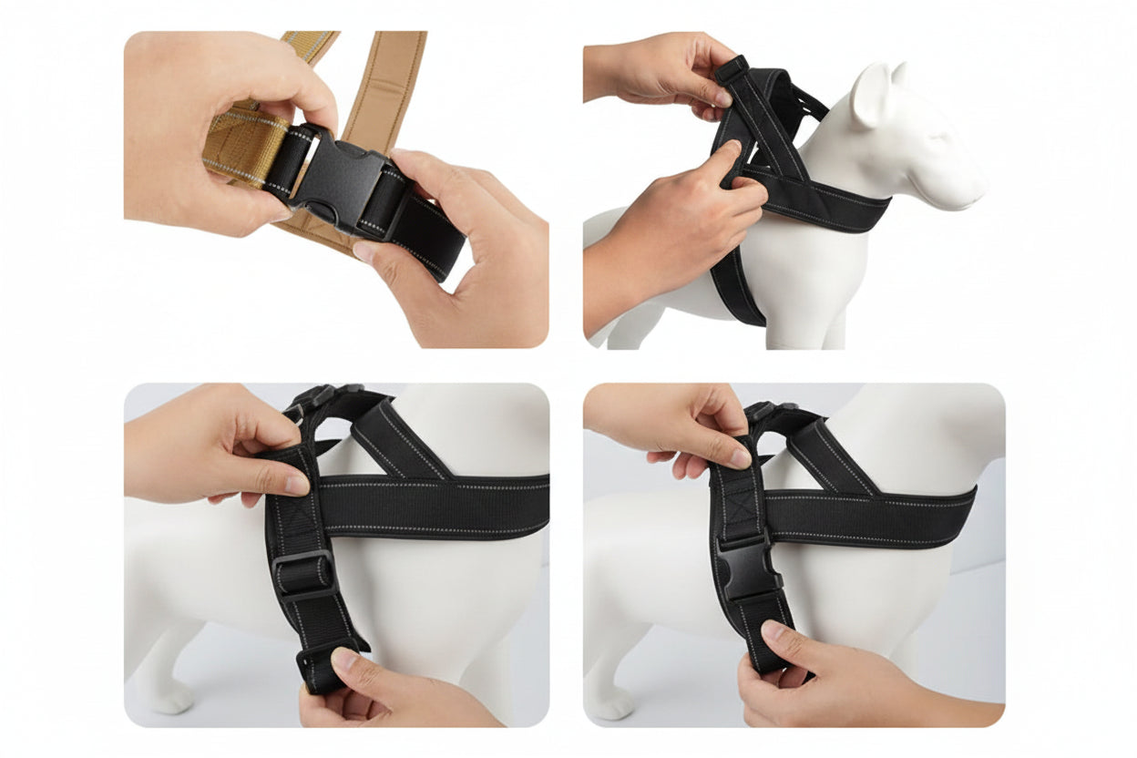 Dog Harness Adjustable Nylon with Handle and Two Leash Buckles XL Black