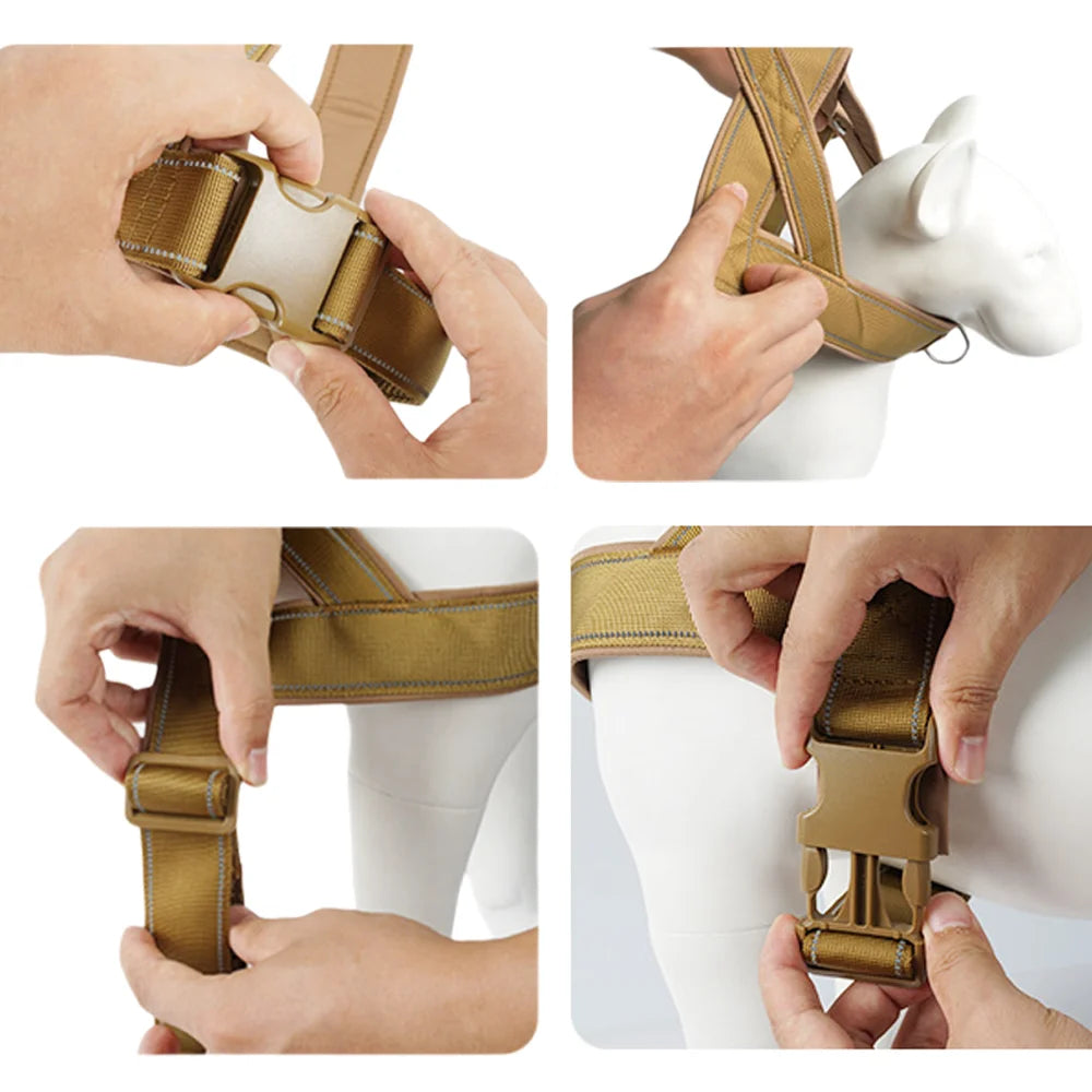 Dog Harness Adjustable Nylon with Handle and Two Leash Buckles XL Khaki