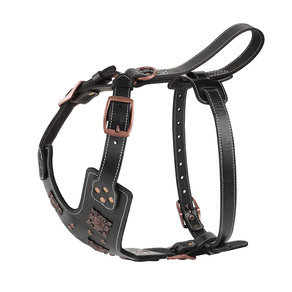 Leather Dog Harness L Adjustable Training Vest with Metal Accessories Black