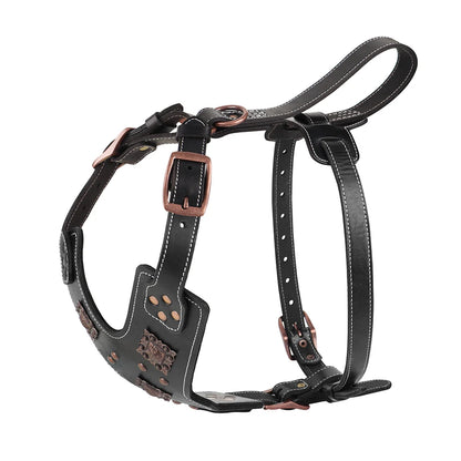Leather Dog Harness XL Adjustable Training Vest with Metal Accessories Black