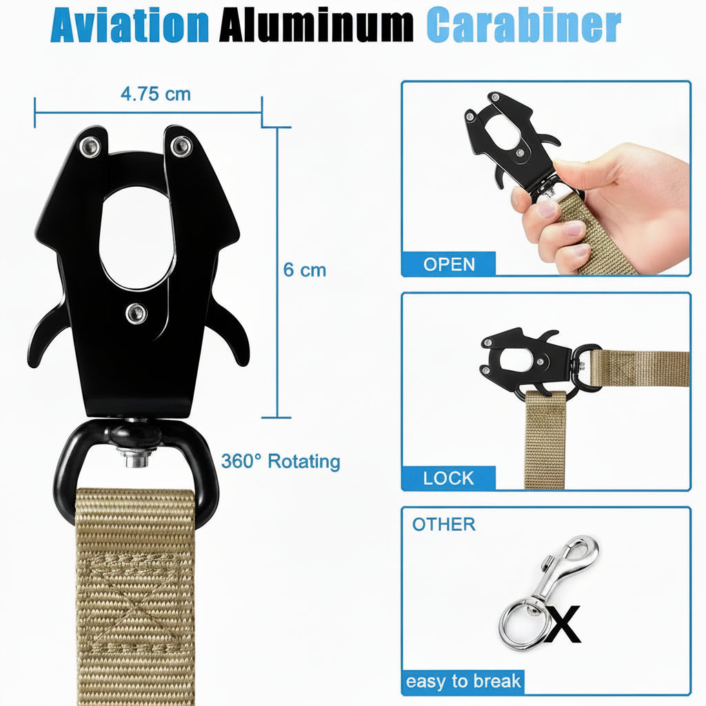 Dog Leash with Shock Absorbing Bungee Dual Handles Metal Clip and Car Seatbelt Khaki